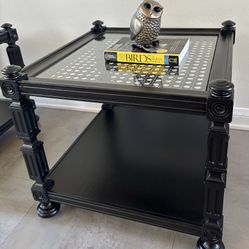 Vintage end table set of 2.  Wood and painted black.  17”h x 19.5” square
