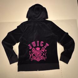 Pre Owned Good Juicy Couture Velvet Hoodie Full Zip Black Hot Pink Women Size Large