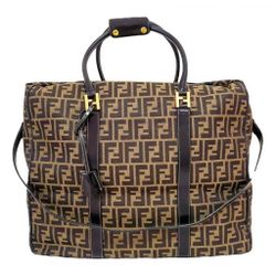 Auth Fendi XL Zucca Canvas Leather Duffle Shoulder Bag Tote 