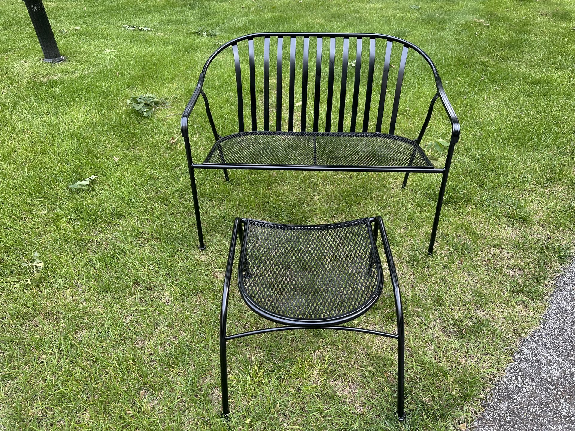 Black Wrought Iron 2-seat Bench With Stool/Foot Rest