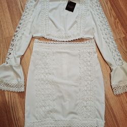 Women's Elegant White Set Skirt Top Size M New