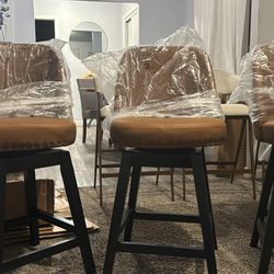 Swivel Bar Stools Set of 3, PU Leather Mid Century Mondern Barstools, 26 inch Counter Height Bar Chairs with Solid Back and Wood Legs, for Kitchen Isl