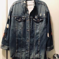 Ladies Distressed Denim Jacket with Embroidered Roses 