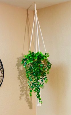 Faux Eucalyptus Hanging Plant With Pot and White Cotton-Rope Macrame Plant Hanger