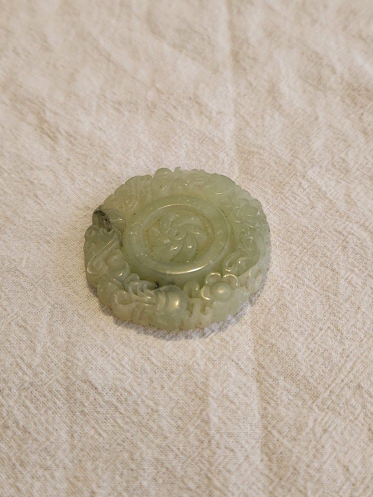 Antique Vintage Chinese Hand-carved Jadeite Jade Statue / Pendant.  Type A.  Perfect Condition!  Measures approximately 2" in diameter & .25" thick.  