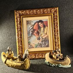 Vintage 1980s American Indian Lot, Artist Joyce Williams Framed Print plus 2 Youngs Resin Figurines 