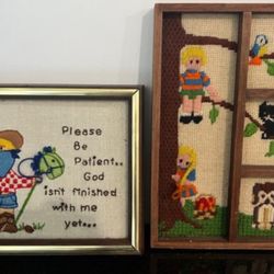 TWO BEAUTIFUL VINTAGE CHILDREN’S THEME NEEDLEPOINT FRAMED ART