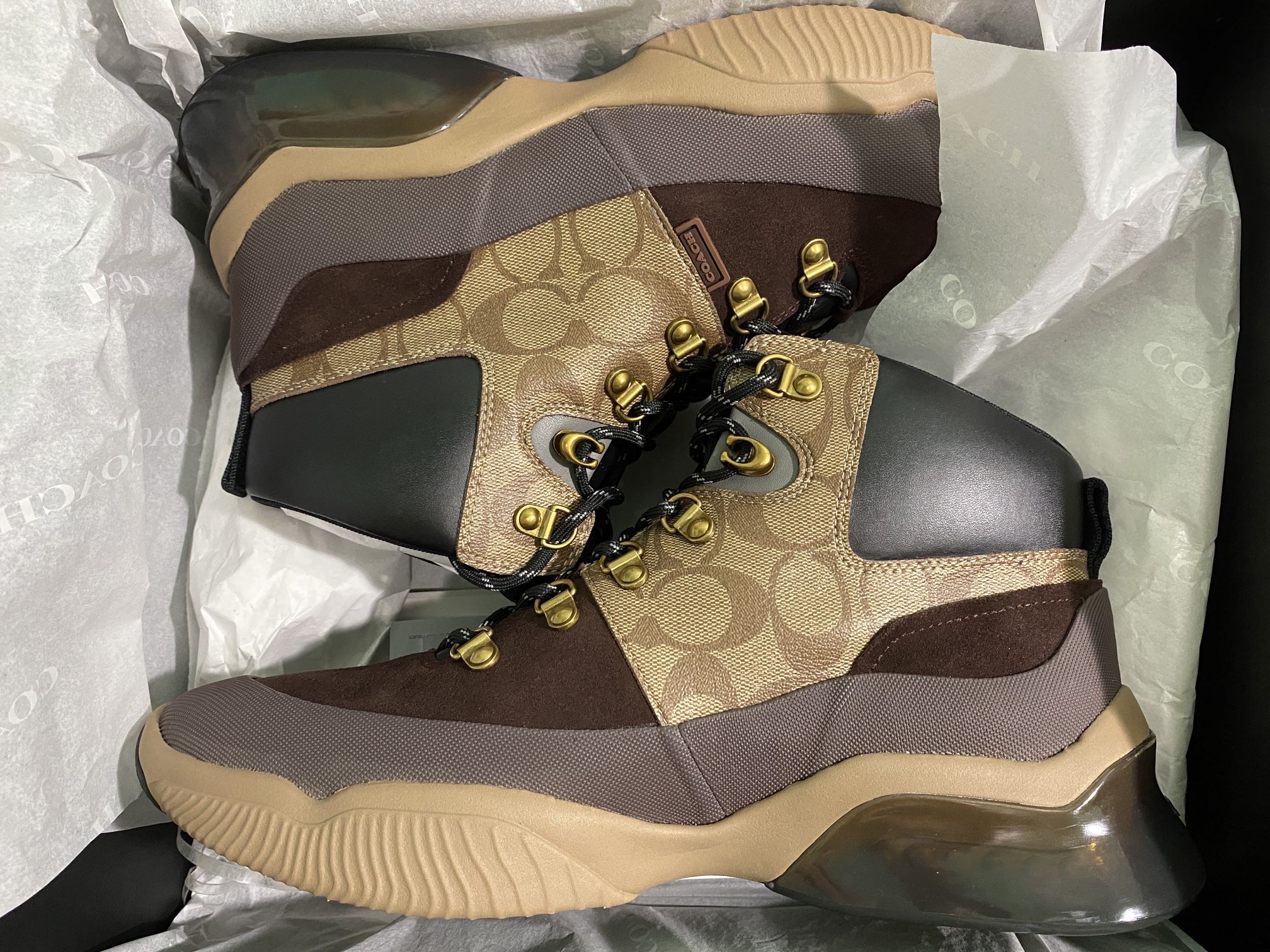 COACH MEN'S CITYSOLE HIKER BOOTS KHAKI DARK MAHOGANY SIZE 10