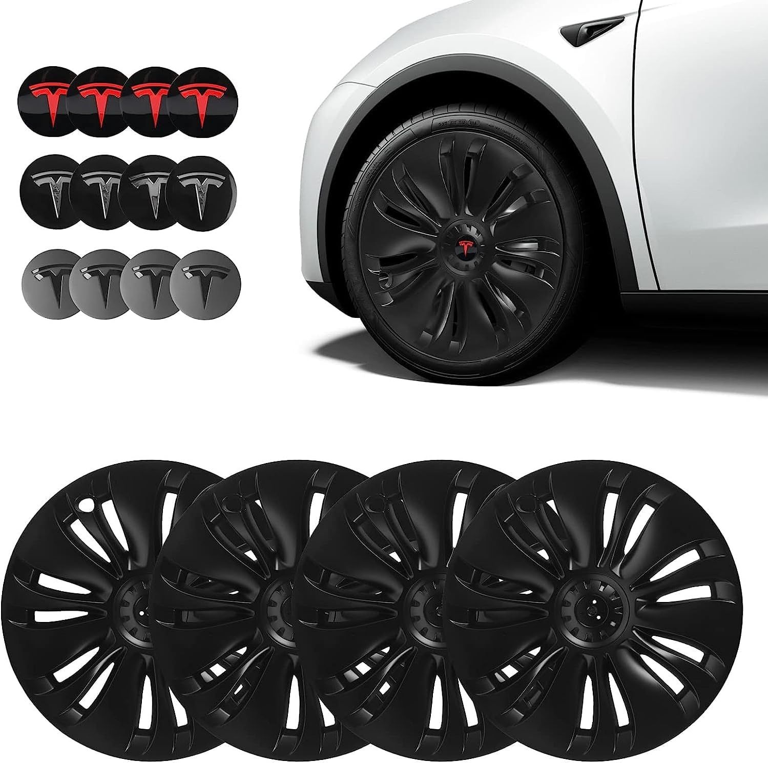 Tesla Model Y Hubcaps 19 Inch Wheel Cover Wheel Hub Caps OEM Rim Protectors Replacement Cover Matte Black Hubcaps Exterior Accessories Set of 4