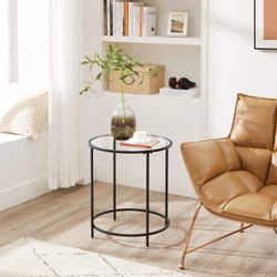 VASAGLE Round Small Coffee Table, Glass Table, with Tempered Glass Surface and Metal Frame, Bedside Table, Sofa Table, Balcony, Black, Transparent, LG
