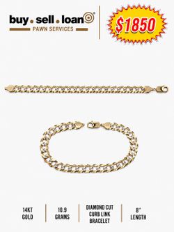 YELLOW GOLD 14KT CURB LINK DIAMOND CUT BRACELET, 8”, 10.9 GRAMS
