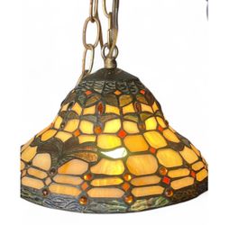 Vintage Tiffany Style Jeweled Stained Glass Pendant Ceiling Light – Working Iridescent Slag Glass Hanging Chandelier Lamp