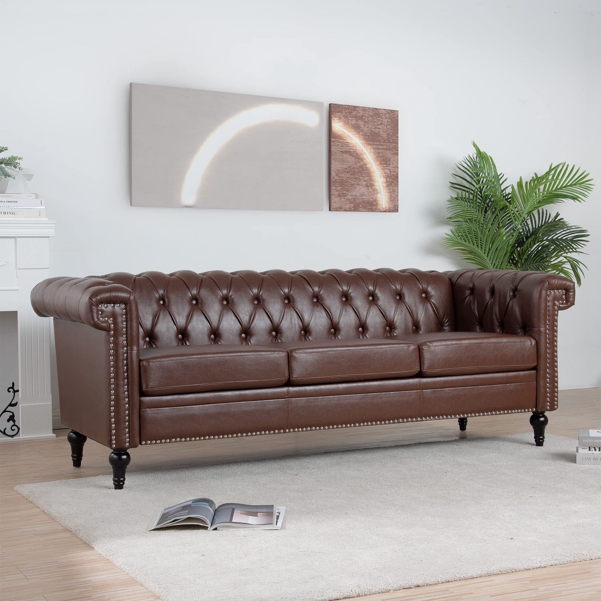 Harper & Bright Designs Premium Traditional Square Arm 3-Seater PU Sofa with Removable Cushions - 83.66 Inches Wide, Dark Brown