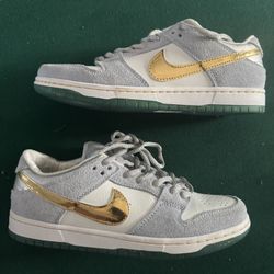 Nike SB Dunk Low 8.5 Gray Suede White Gold Swoosh Green Sole Men’s Skate Shoes 