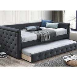 Dark Grey Burlap Day Bed With Trundle Button Tufted Firm Price $299 Brand New In Box