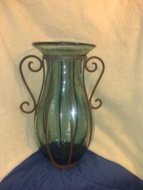 Hand blown glass vase with wrought iron stand for Sale in Laguna Beach