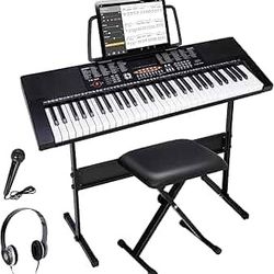 61-Key Portable Electric Keyboard Piano with Built In Speakers, LED Screen, Headphones, Microphone, Piano Stand, Music Sheet Stand and Stool