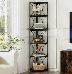 6-Tier Corner Shelf, 67" Corner Bookshelf Shelving Unit. Color-Black