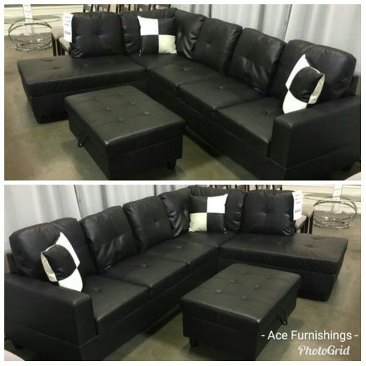 Brand New Black Leather Sectional With Storage Ottoman