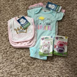 Baby Girl Set Gerber Onesies Bibs And Pacifiers All New With Tags