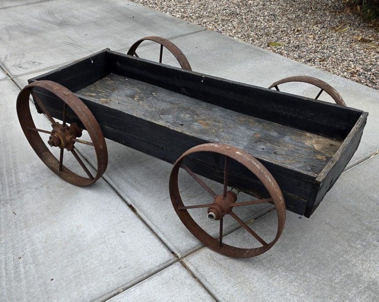 Antique Wood Wagon Cart Old Steel Wheels, Yard Art, Garden Decor, Can be used as cart if new wood