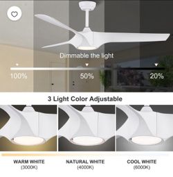 56" White Ceiling Fan with LED Light,Reversible 6-Speed Quiet DC Fan,3 CCT Dimmable LED Light, Remote & Wall Control for Dining,Living Room