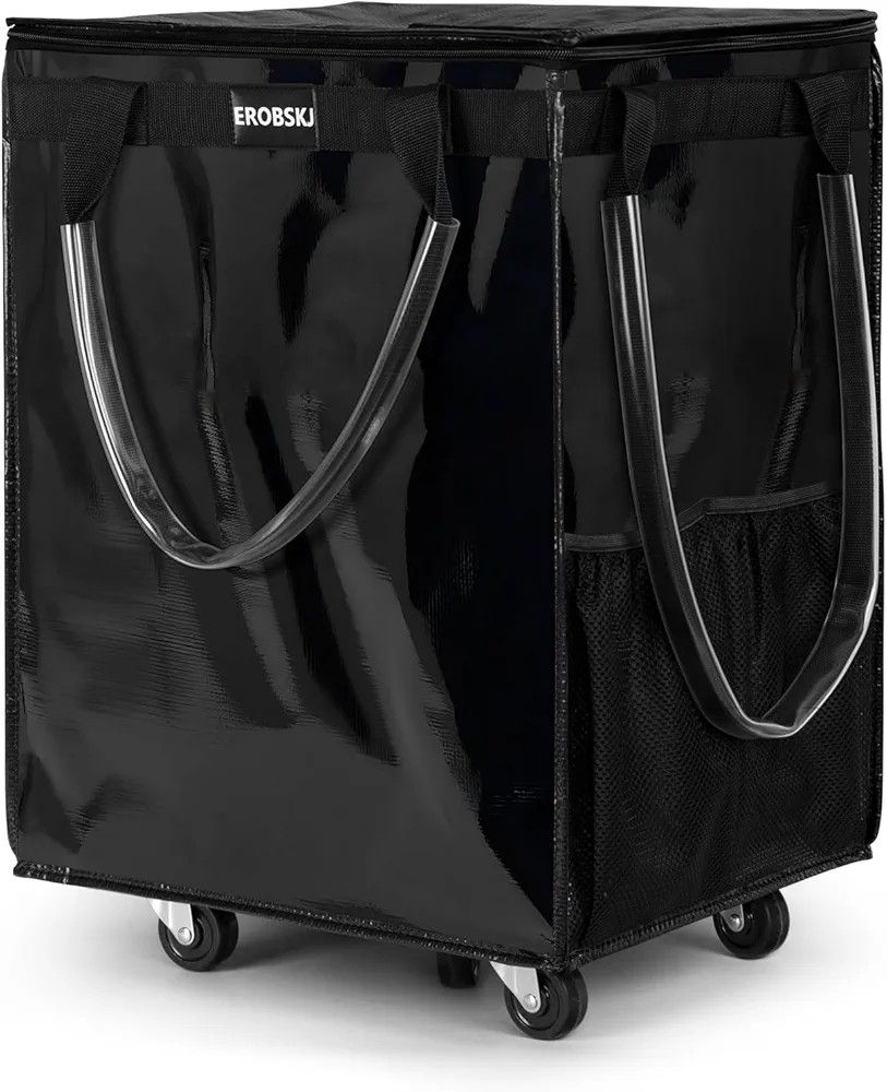 (Large,Black) Reusable Grocery Bag on Wheels, Foldable Rolling Tote, Carries Up to 76 lbs Shopping Trolley, Zipper Clouser Shopping Carts for Trips, L