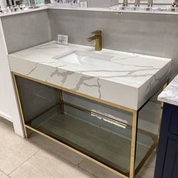 48” Bathroom Vanity Cabinet Polished Brass Finish With Quartz Top With Sink Attached 
