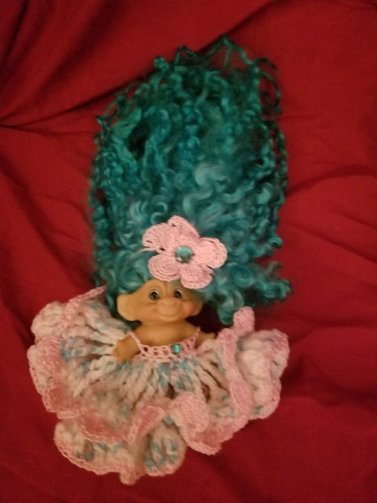 Troll Doll teal hair and crochet outfit