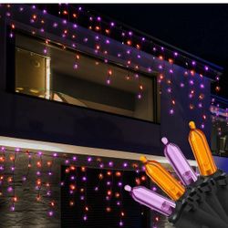 100 LED Halloween Icicle Lights with timer - 7.7ft Purple Orange Curtain String Lights Extendable 8 Modes for Outdoor Garden House Window Decor - Exte