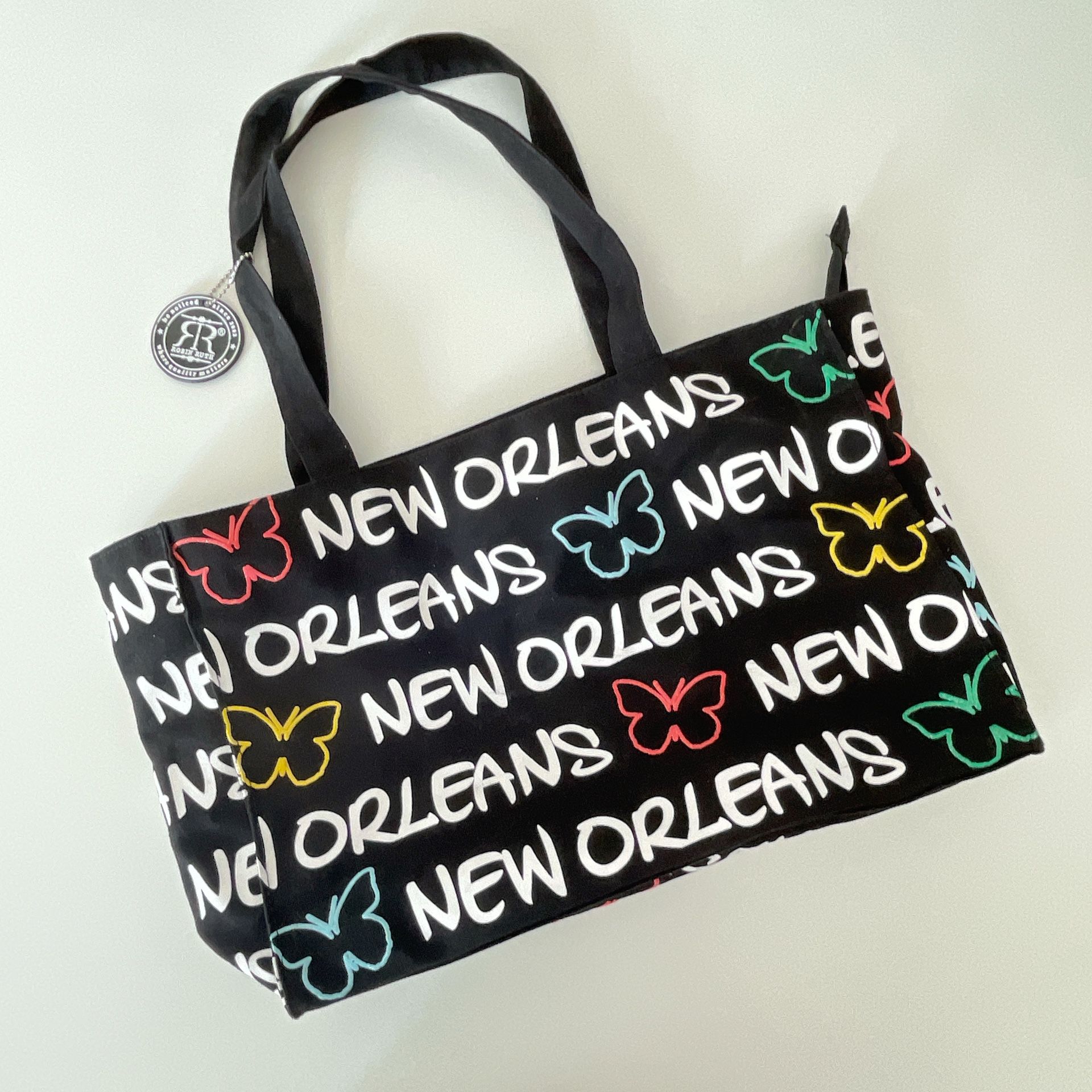 Robin Ruth Black Canvas Tote Shoulder Bag New Orleans Rainbow Butterfly 18”x10”
