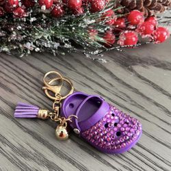 💜 New! Rhinestone Bling Purple Croc Inspired Keychain w Tassel
