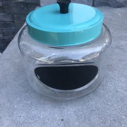 Glass jar with turquoise, metal lid and chalkboard label