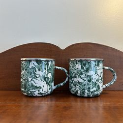Pair of Green & White GraniteWare Enamel Swirl Mugs just under 3.5” t x 5.5” w