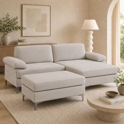 71" Light Gray Brushed Linen Sectional Sofa (Loveseat) w/ Reversible Chaise &  Ottoman [NEW] <Assembly Req>