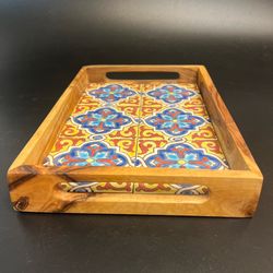 Vtg Mexican Carved Wood Serving Tray Talavera Ceramic Tiles 9"X13" Blue Yellow