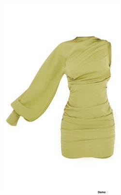 PrettyLittleThing One Sleeve Ruched Woven Bodycon Dress - Sage Green (UK10/Medium)