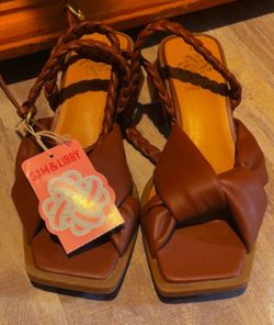 New Sam & Libby Twisted Square Toe Block Heel Size 8 Brown Braided Strap