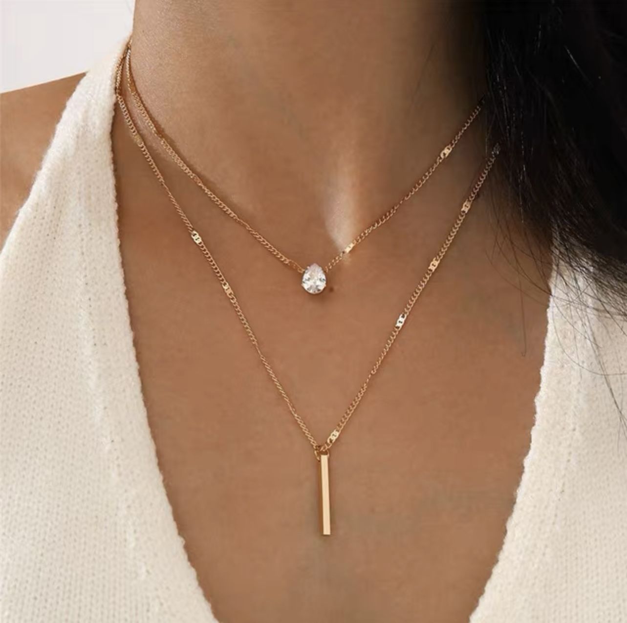 Double Tear Drop Small Zirconia Long Tassel Pendant Necklace