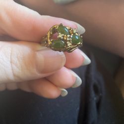 14 Karat Gold Jade Ring with Diamond Accents. | Color: Gold | Size: Diameter Is Approximately 1.75 centimeters. 