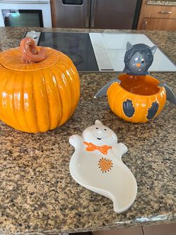Halloween Ceramic Pumpkin, Cat Bowl & Ghost Dish Set