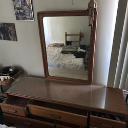 Vintage 1980s Postmodern Oak  Dresser & Mirror 62” Width, 28”Height