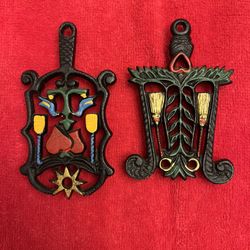 Vintage Pair Of Wilton Hearts, Bluebirds, Brooms Cast Iron Trivet