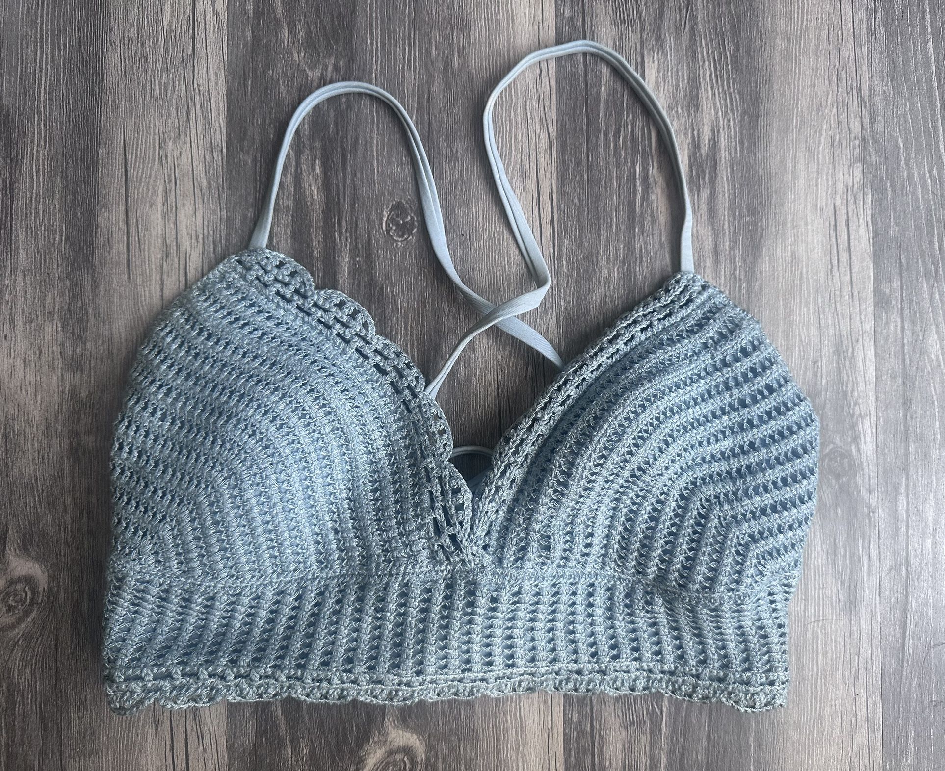Hollister Swim Crochet Knit Bikini Top Blue Boho Women’s SZ S Swimwear