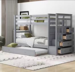 Harper & Bright Designs Gray Twin Over Twin Wood Bunk Bed with Trundle and Storage Staircase