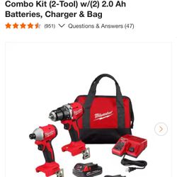Milwaukee M18 18V Lithium-lon Brushless Cordless Compact Drill/Impact Combo Kit (2-Tool) w/(2) 2.0 Ah Batteries, Charger & Bag