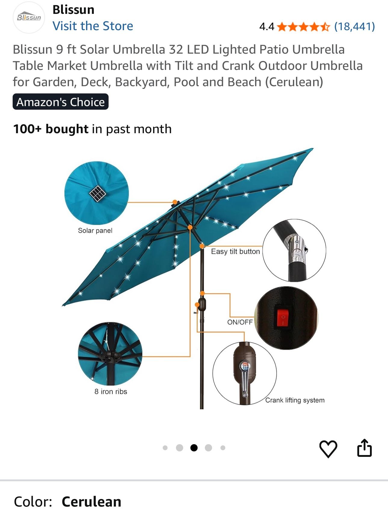Blissun 9 ft Solar Umbrella 32 LED Lighted Patio Umbrella Table Market Umbrella with Tilt and Crank Outdoor Umbrella for Garden, Deck, Backyard, Pool
