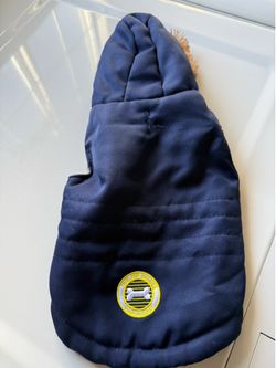 Navy blue dog jacket with hood. S/m