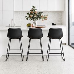30” Bar Height Stools Black Faux Leather – Set of 3