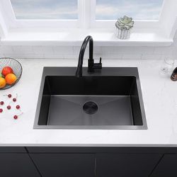 VAPSINT 33x22 Black Drop in Kitchen Sink, 33 Inch Gunmetal Black Stainless Steel Top Mount Kitchen Sink, Single Bowl Laundry Sink with Strainer TGR07B